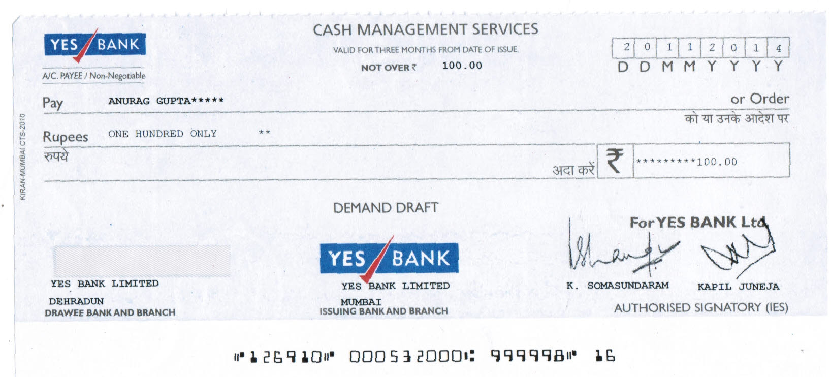 Yes Bank Demand Draft